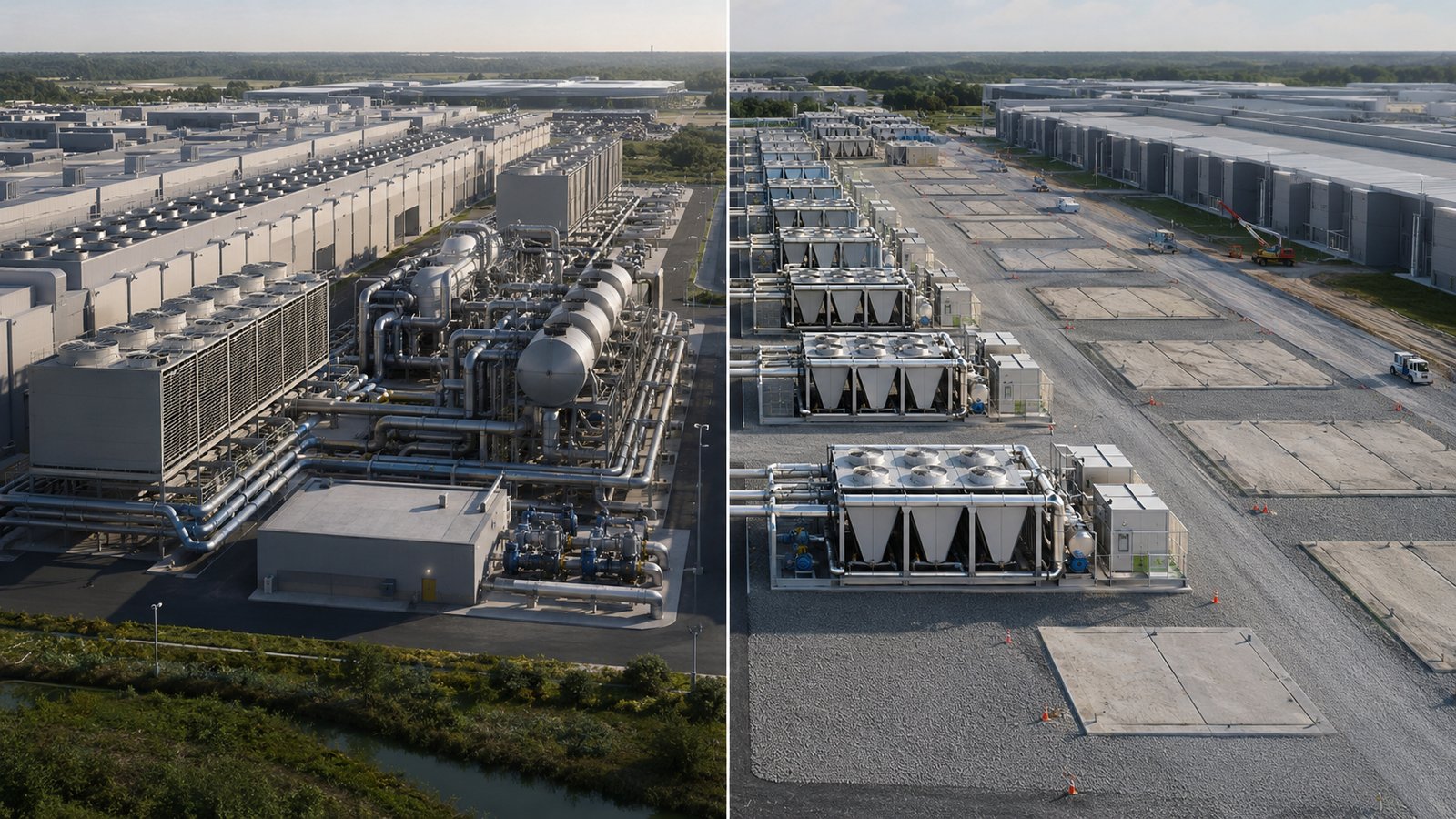 Conventional central plant with large piping network compared with modular, incremental cooling blocks added as load arrives