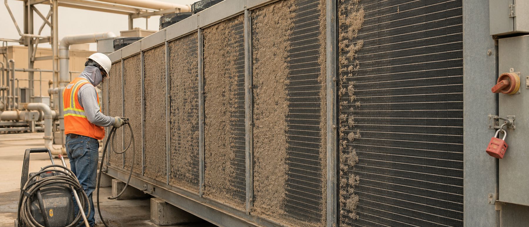 Technician pressure-washing a heavily fouled air-cooled condenser coil by hand