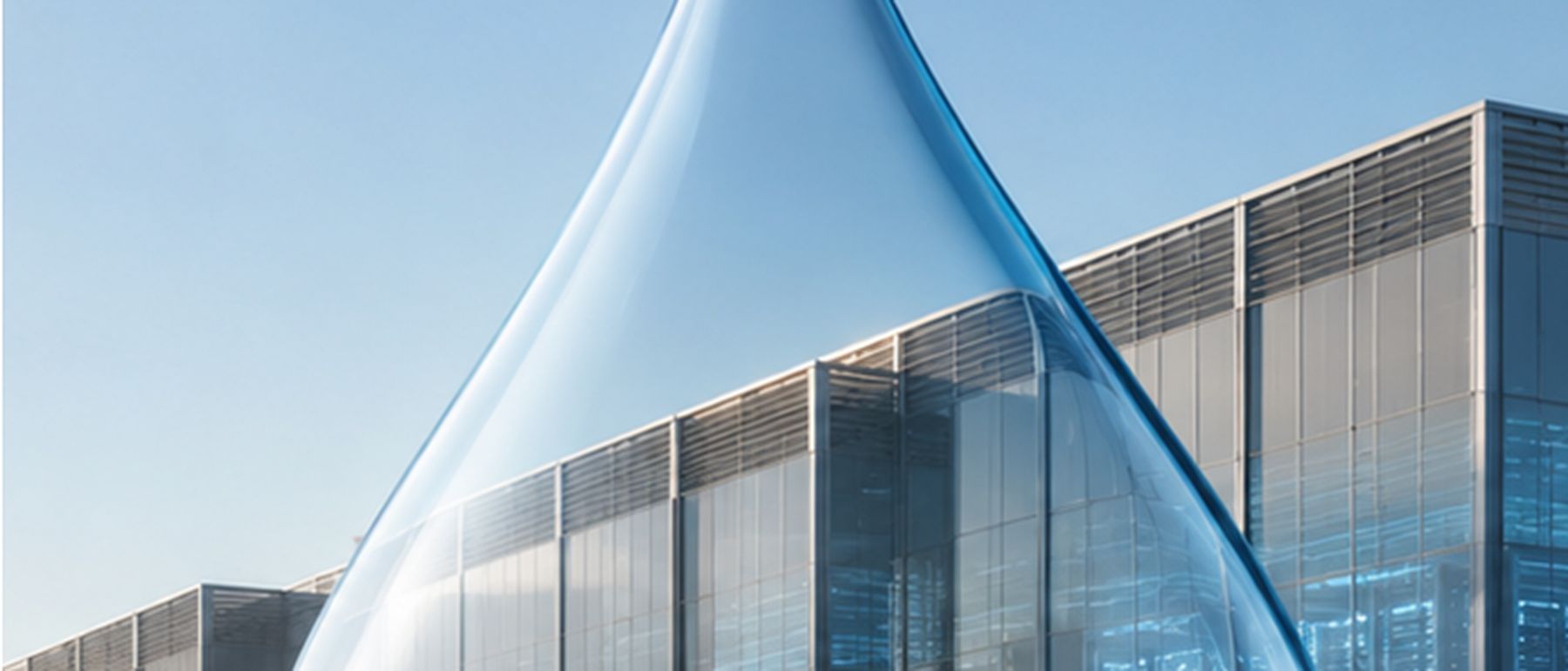 Rendering of a water droplet in front of a data center, representing water reserved for peak hours