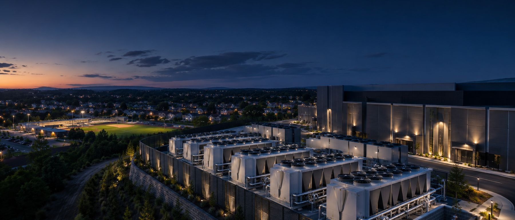 Rendering of modular cooling units beside a data hall with a neighbouring park and homes in view