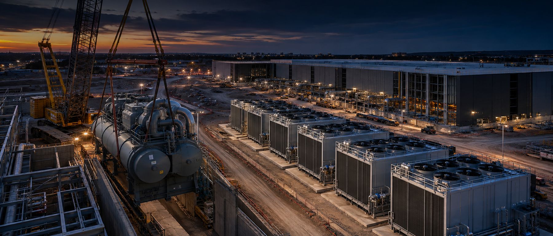Rendering of a crane setting equipment at a data center site at dusk
