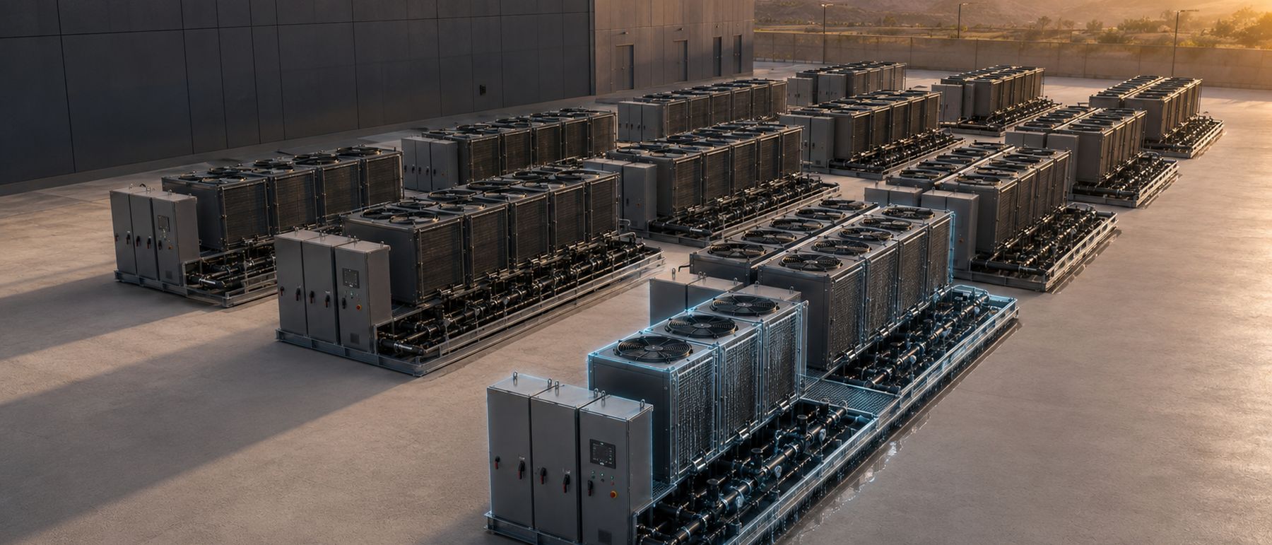 Rendering of long rows of modular cooling units serving a data center