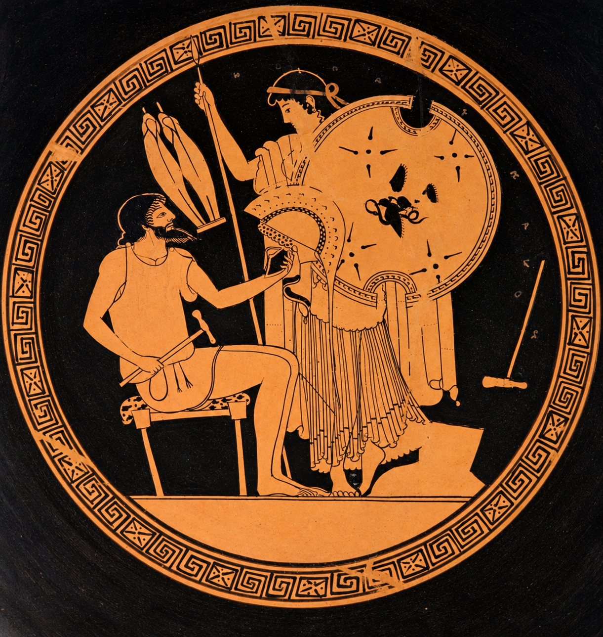 Enhanced Greek pottery artwork depicting Hephaestus at work