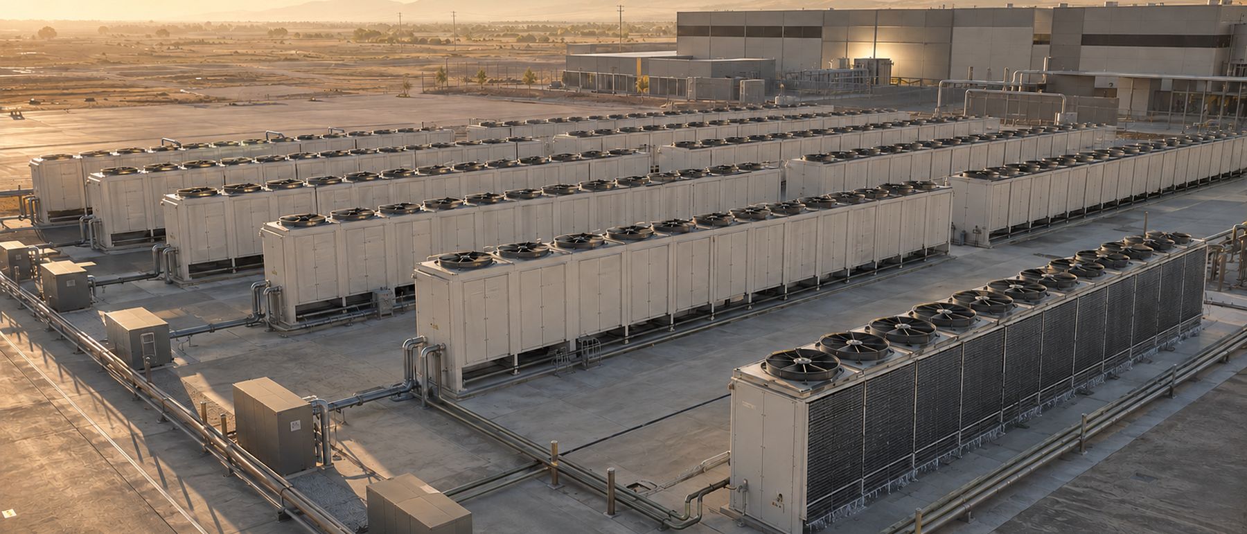 Rendering of a modular cooling fleet installed alongside a data center campus