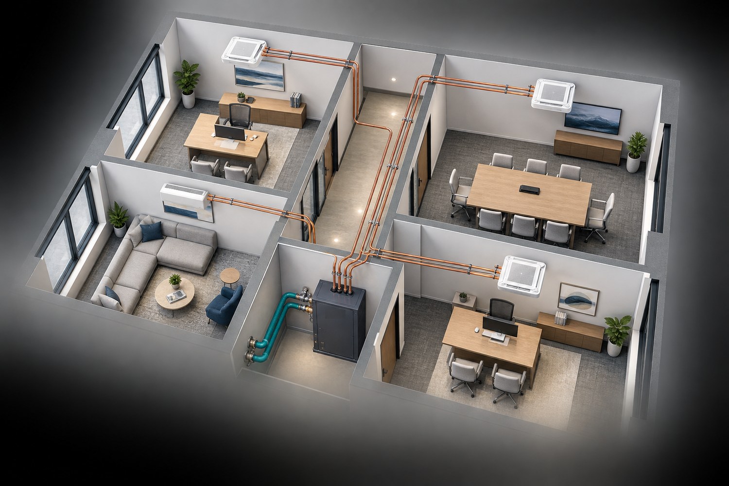 Cutaway view of an office floor showing individual room fan coils served by compact refrigerant lines from a small mechanical closet