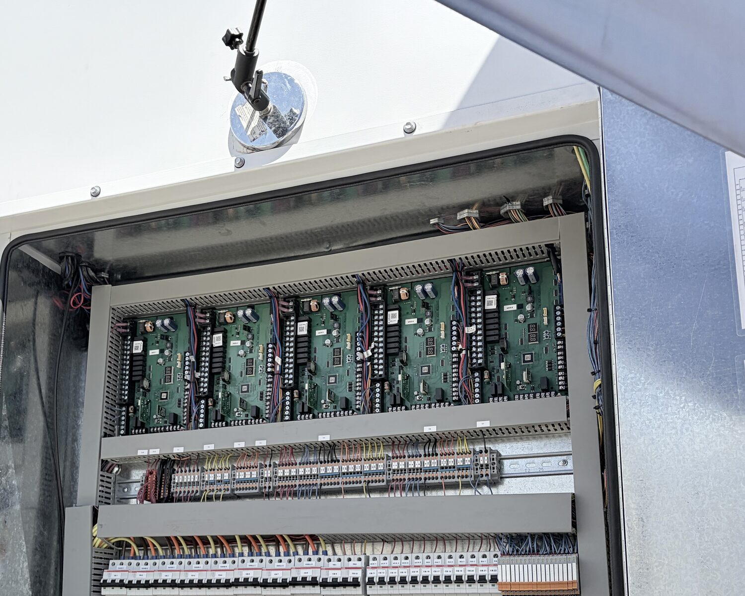 Factory-wired control panel in a VRX unit, terminal blocks and breakers landed and documented