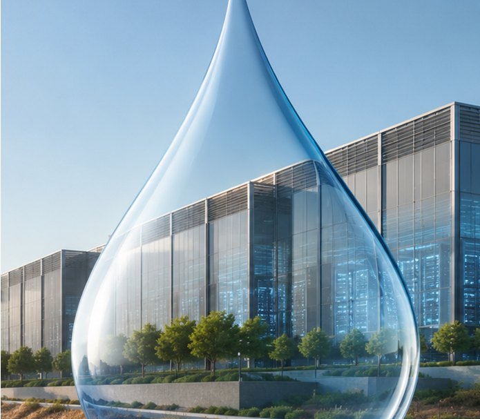 Data center campus viewed through a water droplet, illustrating cooling water consumption as a siting constraint